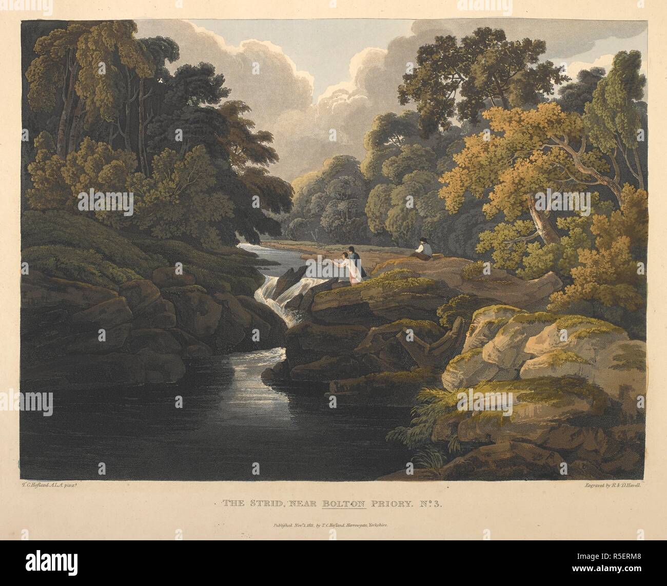 Die Strid, in der Nähe von Bolton Priory. Nr. 3. Die Zahlen stehen, ein kleiner Wasserfall in der River Wharfe, bekannt als der Strid; Felsen im Vordergrund; Bäume und Laub in der gesamten Szene. [Harrogate]: Veröffentlichte Novr 1 1811 von T.C. Hofland, Harrogate, Yorkshire. Quelle: Karten K. Top. 45,34. e. Sprache: Englisch. Autor: HAVELL, ROBERT. Stockfoto