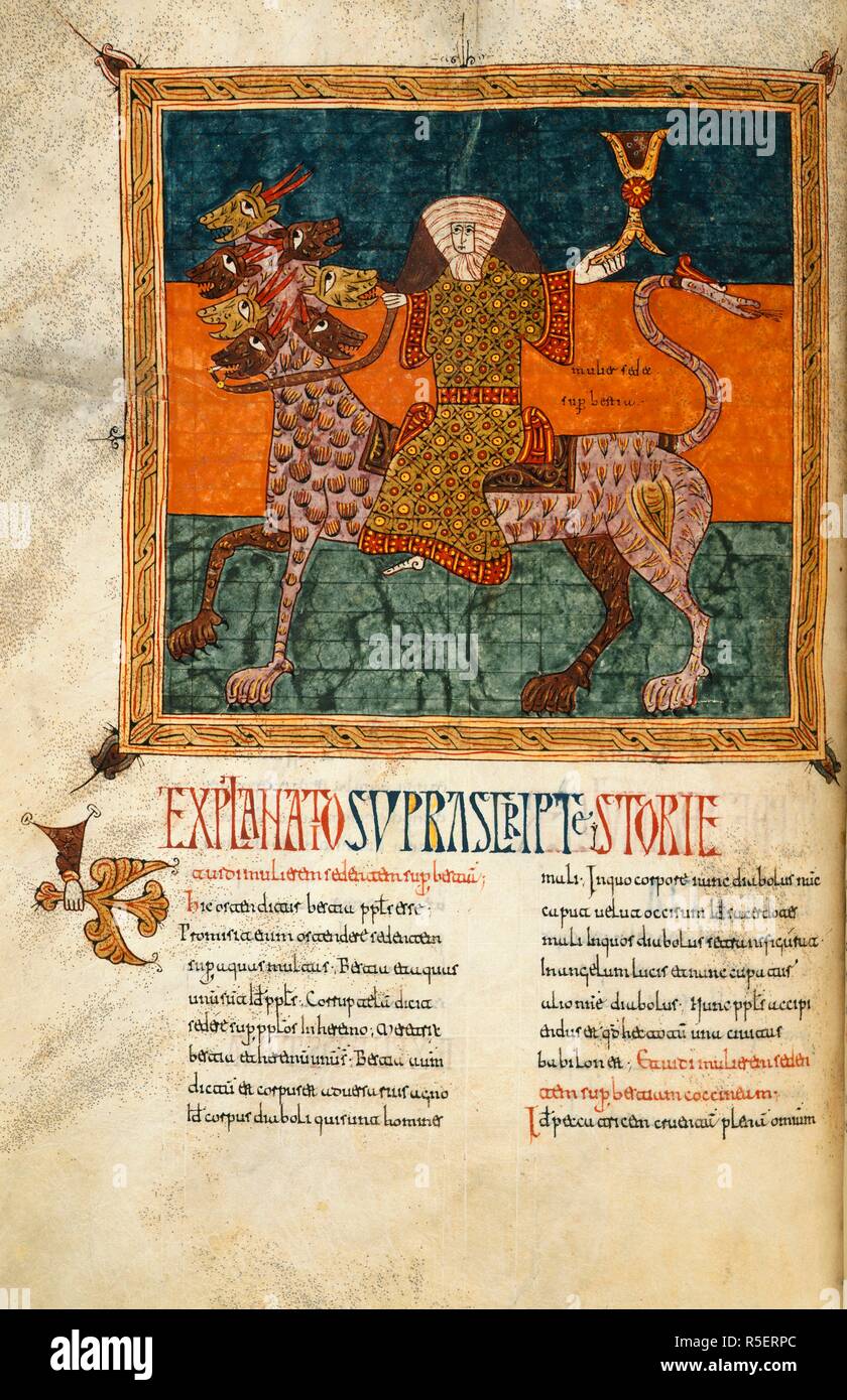 Frau Bei der 7-Tier geleitet. Silos Apokalypse. Spanien [Silos]; 1109. [Ganze folio] Buch der Offenbarung, Kapitel 17, 3-13, beginnend mit der ersten 'E', eine Hand holding Holding ein Zweig mit zwei Foliate Motive und Palm Leaf. Die prächtig gekleideten Frau sitzt Damensattel; ihr Schmuck wird durch Ihr langes Kleid mit Rauten vorgeschlagen; und auf dem Kopf ist ein Großer gerippter Kopfschmuck. Sie erfasst die Zügel des Tieres in der rechten Hand gedrückt halten bis die Tasse Abscheu in ihrer Linken. Die sieben Häupter sind sieben Berge und sieben Könige Bild aus Silos Apokalypse genommen. Ursprünglich publi Stockfoto