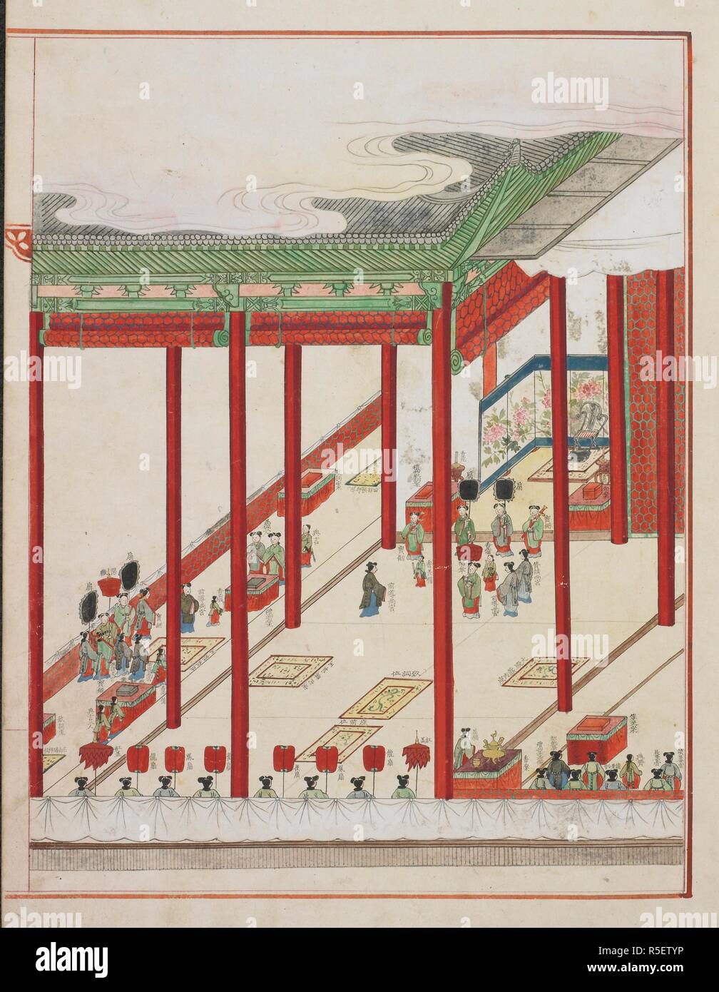 Koreanische Gericht Ritual. Seite, von einem Manuskript, das 60-jährige Jubiläum der Vollendung im Jahre 1749 der Ehe von Lady Hyegyong, und Kronprinz Sado. . Kisa chinpyori Chinch" ein uigwe. (Commerorative Album der Zeremonien der Kisa Jahr [1809]. Korea, 1809. Das Manuskript ist in die polychrome Gericht Malweise. Tusche und Farben auf koreanischem Papier. Quelle: Oder. 7458, f, 12. Sprache: Koreanisch. Stockfoto