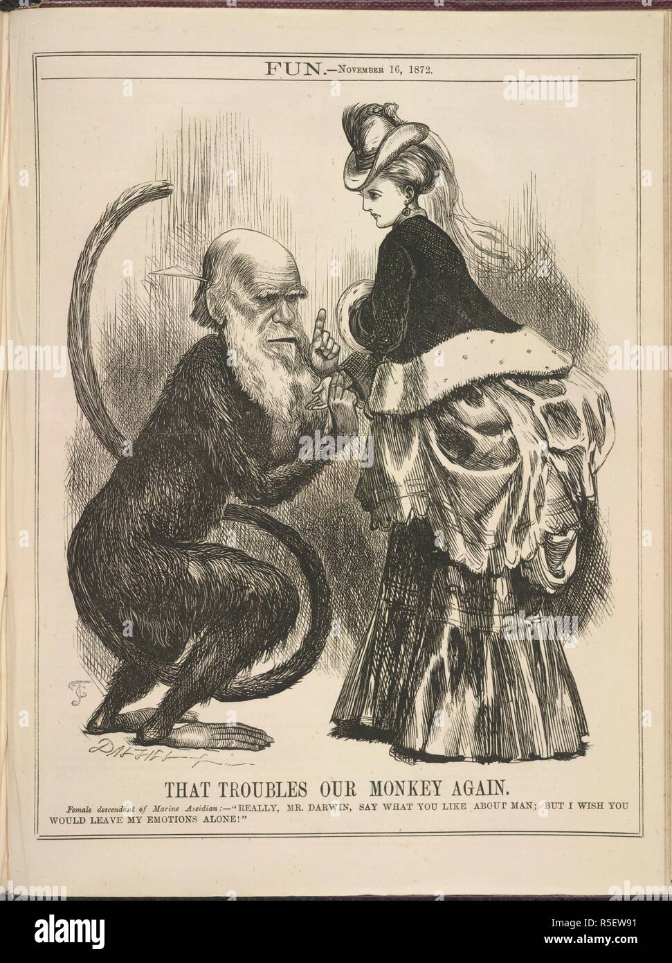 "Die Probleme unserer Monkey wieder'. Weibliche Nachkomme von Marine Aseidian: - Wirklich, Herr Darwin, sagen, was Sie über den Menschen; aber ich möchte Euch meine Emotionen allein lassen würde!. Spaß. London, 1872. Quelle: S. S. 5273.c, Seite 209. Sprache: Englisch. Stockfoto