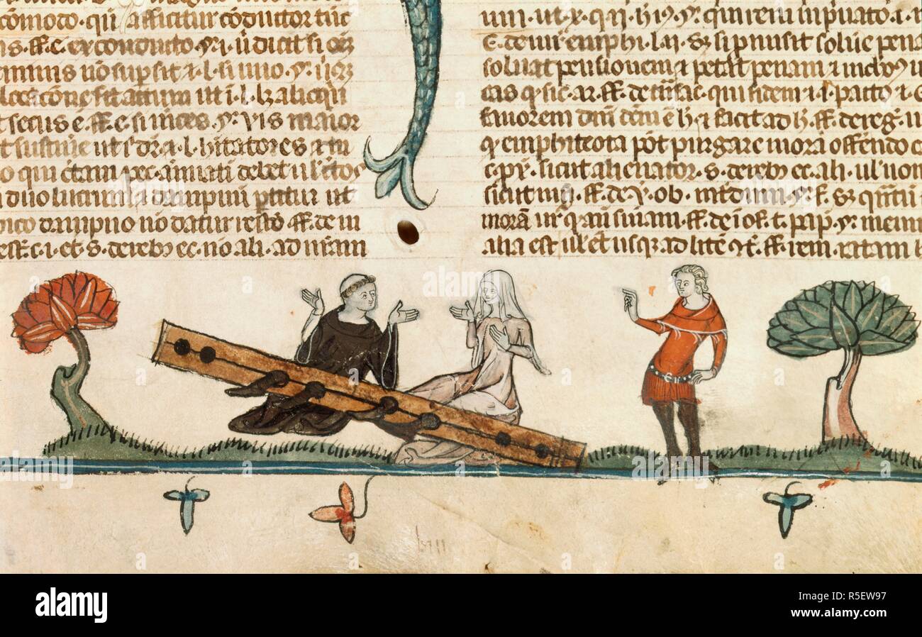 [Detail] unteren Rand. Ein Mönch und Lady in Aktien werden von Ritter der Dame gerügt. Smithfield Decretals [Decretals von Gregor IX]. Frankreich?; 1300-1340 [Text]. England [London?]; ca. 1340 [Beleuchtung]. Quelle: Royal 10 E.IV, w.187. Sprache: Latein. Stockfoto