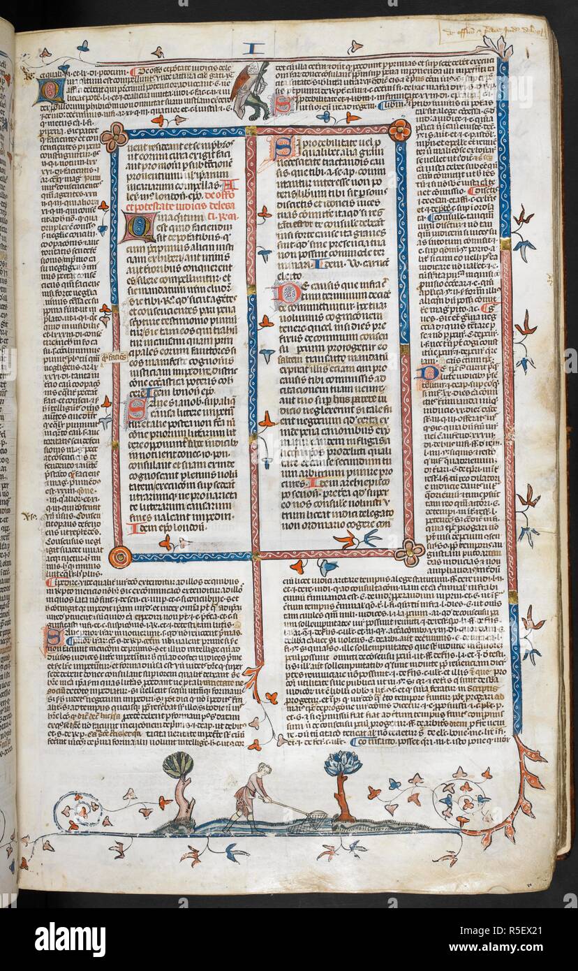 Ein Bas-de-Seite Szene einer Frau angeln mit einem Netz. Decretals von Gregor IX mit Glossa o (der "mithfield Decretals"). Frankreich, S. (Toulouse?); im letzten Viertel des 13. Jahrhunderts oder 1. Quartal des 14. Jahrhunderts. Quelle: Royal 10 E.IV, F 59. Sprache: Latein. Autor: Raymond von PeÃ±afort, Editor. Bernhard von Parma, glossator. Stockfoto