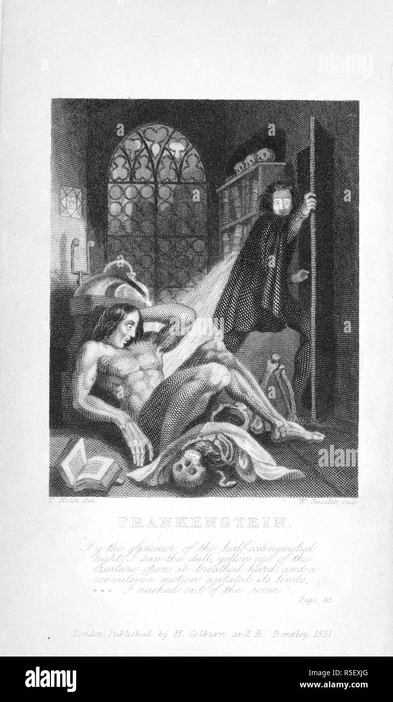 Frankenstein. "Durch den Schimmer des halben gelöscht Licht, sah ich das dumpfe gelbe Auge der Kreatur offen: Er atmete schwer und einer krampfhaften Bewegung seine Gliedmaßen geschüttelt. Ich rannte aus dem Zimmer. Frankenstein oder der moderne Prometheus. 1831. Quelle: 1153. a. 9. (1), frontispiz. Sprache: Englisch. Autor: Shelley, Mary Wollstonecraft. Stockfoto