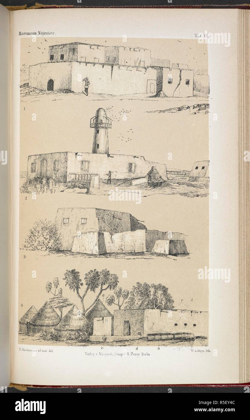 Ein Regierungsgebäude, eine Moschee und Wohnraum. Nigritier sterben. Eine anthropologisch-ethnologischen Monographie, etc. Berlin, Leipzig [Druck], 1876, etc. Quelle: 10006. g 4, Platte III. Sprache: Deutsch. Stockfoto