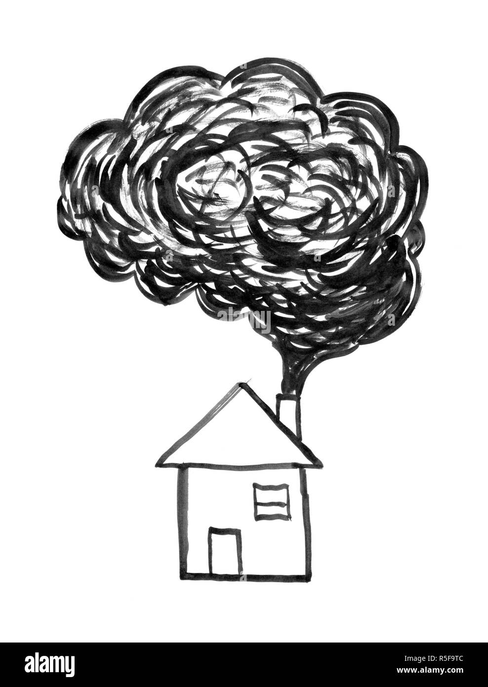 Schwarze Tinte Hand Zeichnung der Rauch aus dem Schornstein, Luftverschmutzung Konzept Stockfoto