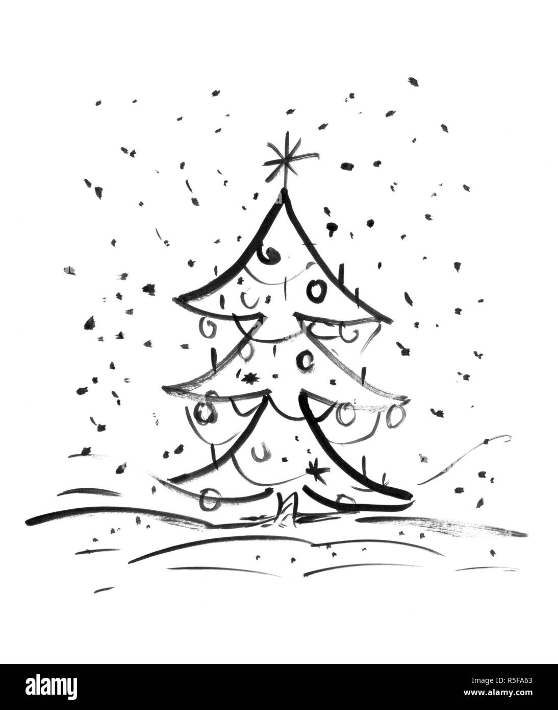 Schwarze Tinte Hand Zeichnung der Weihnachtsbaum stand im Freien Stockfoto