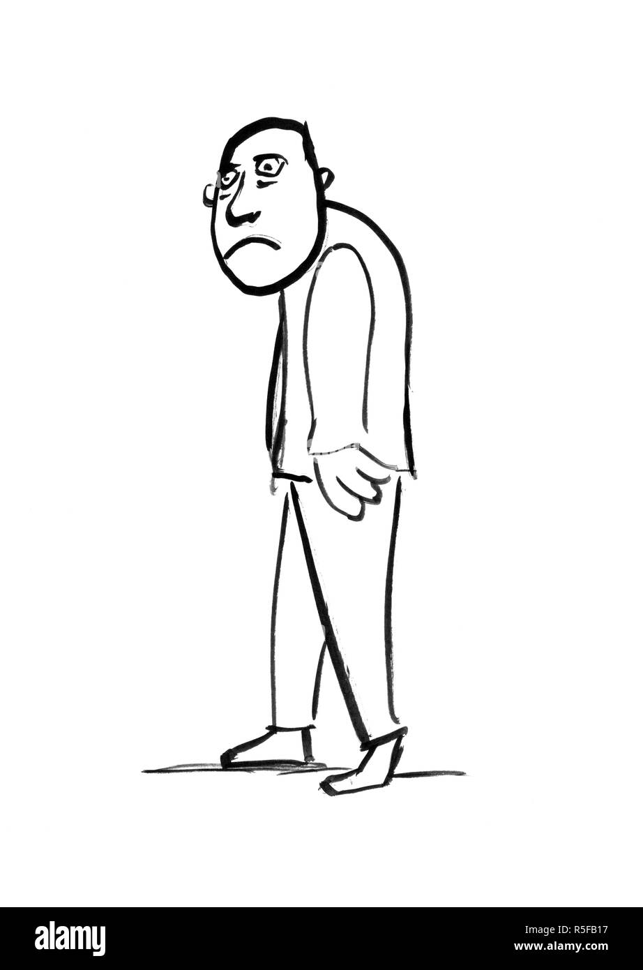 Schwarze Tinte Grunge Hand Zeichnung der traurig und deprimiert Mann oder Geschäftsmann Stockfoto