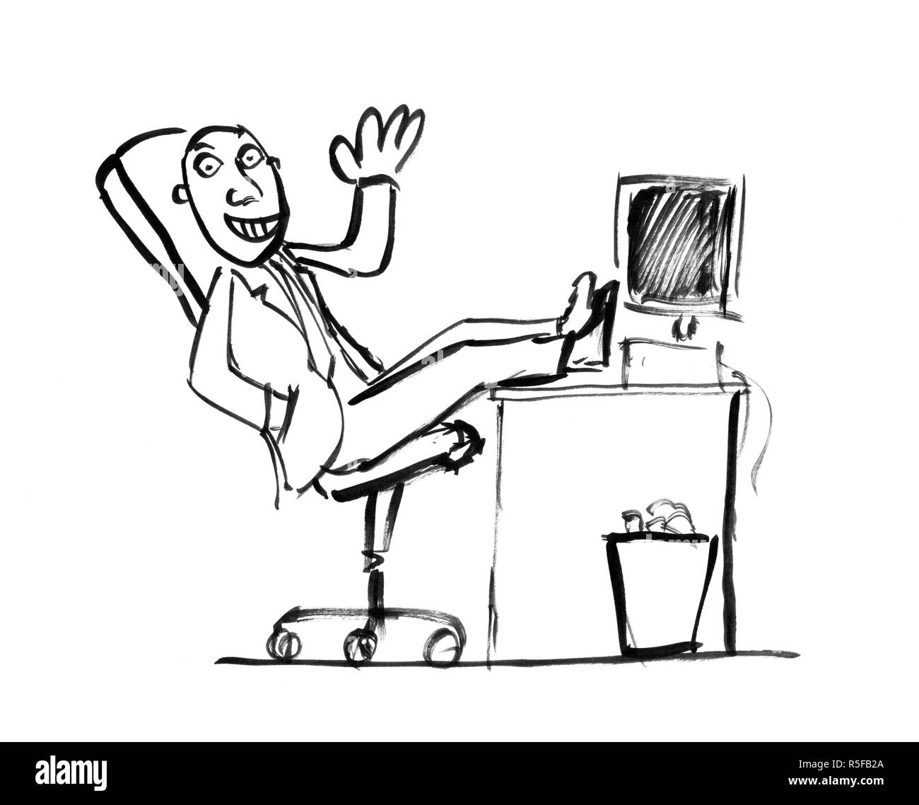 Schwarze Tinte Grunge Handzeichnung von Happy erfolgreicher Geschäftsmann mit Beinen auf dem Schreibtisch Stockfoto
