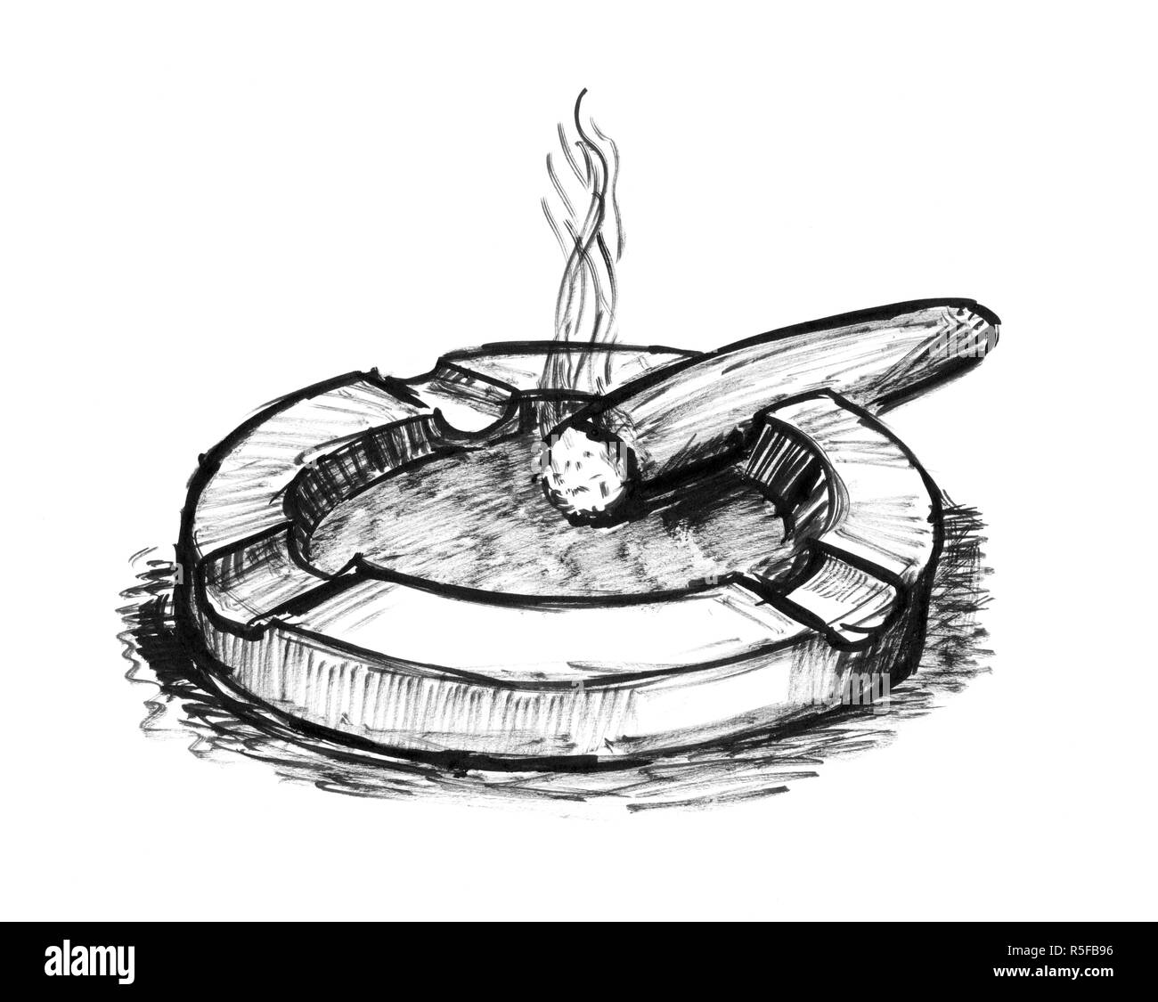 Schwarze Tinte Grunge Hand Zeichnung Rauchen Zigarre in Aschenbecher Stockfoto