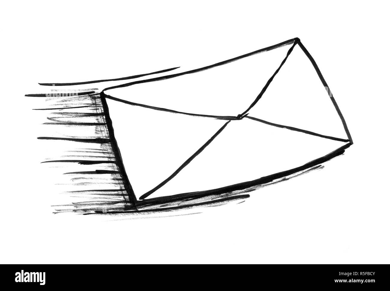 Schwarze Tinte Grunge Hand Zeichnung von sich schnell bewegenden Post Umschlag oder Brief Stockfoto