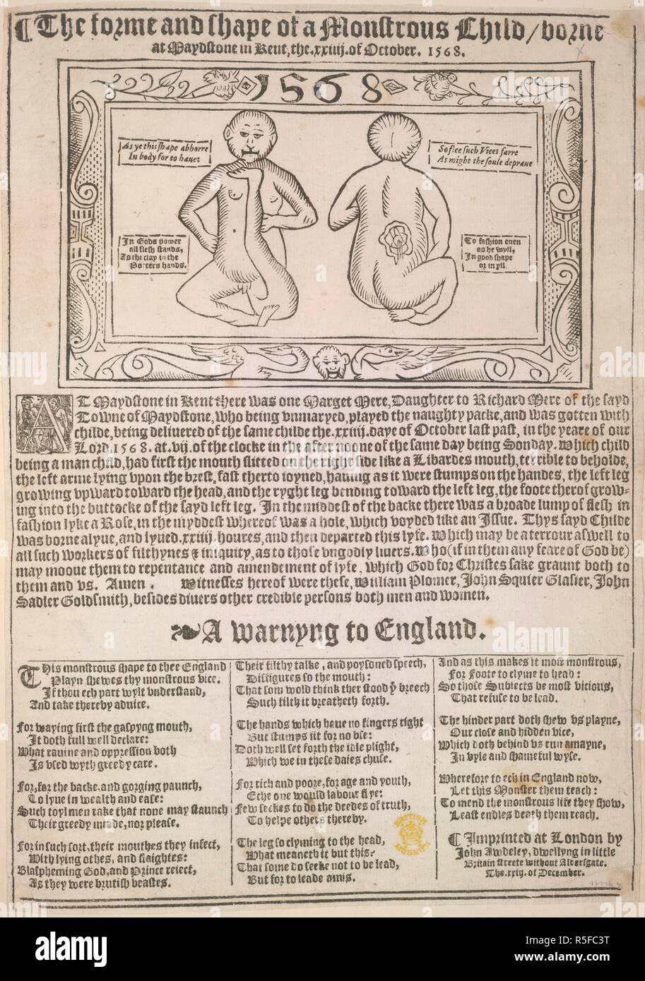 Monströse Kind. Die forme und die Form eines monströsen Kind, bei getragen. Iohn Awdeley: London, 1568. Beschreibung einer monströsen Kind in Maidstone geboren. Bild aus der Forme und die Form eines monströsen Kind, getragen an Maydstone in Kent, der xxxiiij genommen. Im Oktober. 1568. [Eine Ballade. Mit einem Holzschnitt.]. Ursprünglich veröffentlicht in Iohn Awdeley: London, 1568 produziert. . Quelle: Huth. 50, 38. Sprache: Englisch. Stockfoto