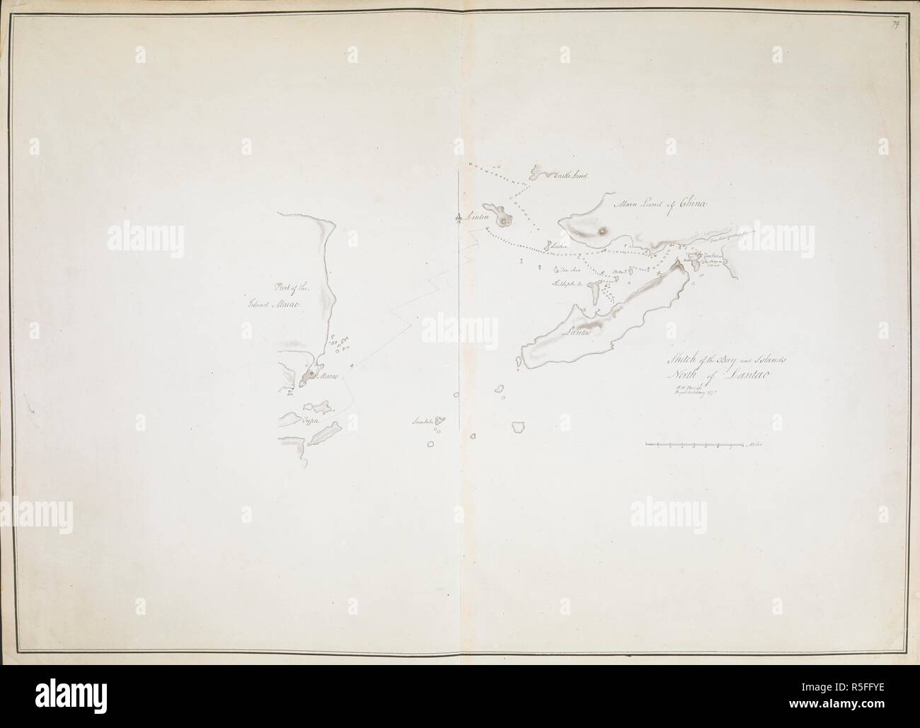 Ein 'sKetch auf die Bucht und die Inseln, nördlich von Lantao, mit dem Soundings;' gezeichnet von H.W. Pfarrei, im Jahr 1793, auf einer Skala von 2 2/3 Meilen zu einem Zoll. . Ein 'sKetch auf die Bucht und die Inseln, nördlich von Lantao, mit dem Soundings;' gezeichnet von H.W. Pfarrei, im Jahr 1793, auf einer Skala von 2 2/3 Meilen zu einem Zoll. In Staunton's Botschaft, Atlas, Nr. 21 eingraviert. 1793. Frau 2 w. 4 x 1 W. 7.; 71 x 48 cm.; Maßstab 1:168 955. 2 2/3 Meilen zu einem Zoll. Quelle: Karten 8 TAB. c. 8.21. b. Stockfoto