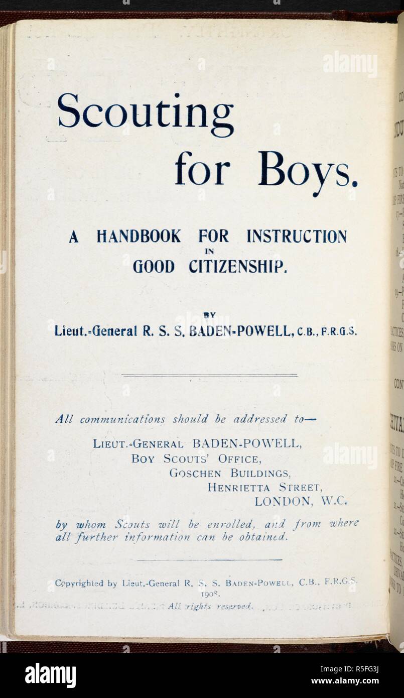 Eine Titelseite. Scouting für Jungen. Ein Handbuch für den Unterricht in guter Staatsbürgerschaft... Illustriert. London: Horace Cox, [1908]. Quelle: 8821. a. 21 Teil IV, auf der inneren Umschlagseite. Autor: Baden-Powell, Robert. Stockfoto