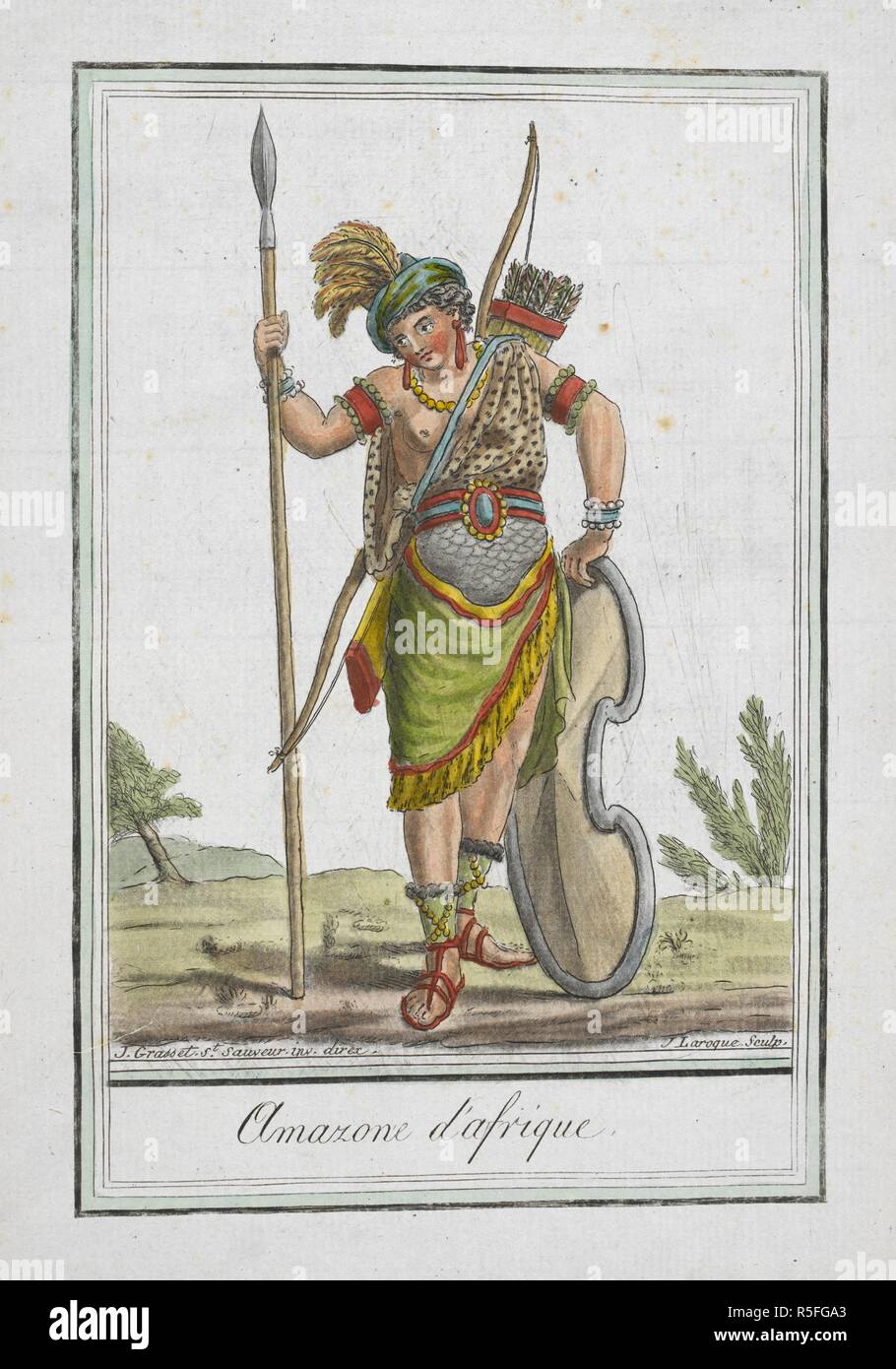 Amazone d'Afrique. Eine amazonische Frau. EncyclopeÌdie des Voyages, Contenant l'abreÌgeÌ Historique de mÅ" Urs ...de tous les peuples et la collection complette de leurs habillemens civils, Militaires, dignitaires religieux et, d'dessineÌs apreÌ € s Natur,... et colorieÌs aÌ € l'Aquarelle. Paris, 1796. Quelle: 1259) b) 13-17, Tom. Afrique Platte 62. Sprache: Französisch. Autor: GRASSET DE SAINT-SAUVEUR, Jacques. Stockfoto
