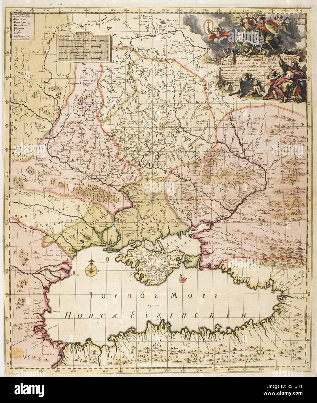 Eine Karte von 1745 datiert - vor den Teilungen Polens. Diese Karte zeigt die westlichen Grenzen der 'Velikaia Rossiia' (Russland). Die Karte zeigt die Grenzen mit den polnisch-litauischen Commonwealth und dem Osmanischen Reich. Nouvelle Carte de la petite Tartarie et la Mer Noire, montrant les FrontieÌ € Res de l'ImpeÌratrice de Russie et l'Empereur des Turcs tant en Europe qu'en Asie, dessigneÌe selon La proposition de G. de L'Isle et d'autres Auteurs. Amsterdam: R. et J. Ottens, [1745?]. Quelle: Maps.K.. 112.96. Sprache: Französisch und Russisch. Thema: L'Isle, Guillaume de. Stockfoto