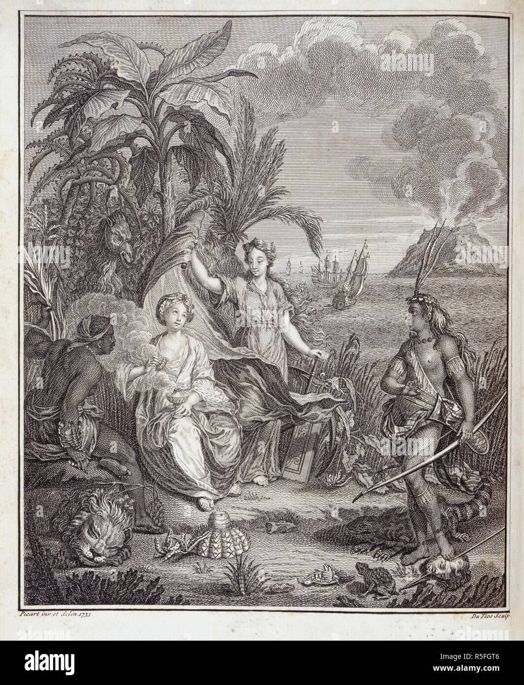 Eine Frau und ihr Begleiter. Voyage Historique de l'AmÃ©rique MÃ©ridionale vollendete. Amsterdam et Leipzig, 1752. Eine Frau und ihr Begleiter; zwei Einheimische sind auch gezeigt, eines mit Pfeil und Bogen bewaffnet ist. Ein Schlafender Löwe kann in der linken unteren Ecke gesehen werden. Bild von Voyage Historique de l'AmÃ©rique MÃ©ridionale fait par G. Juan et par A. de US; ouvrage ornÃ©des Zahlen et cartes et qui contient une histoire des Yucas du Perou [auch von A. de US] geschrieben, et les Beobachtungen astronomiques et Körperbau [von J.Juan y Santacilla] faites pour Dekor terminer la Bild et la Grandeur de la terre Stockfoto