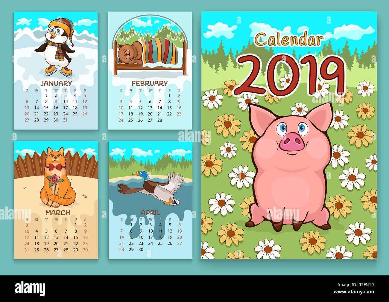 Kalender für 2019 mit Cartoon lustige Tiere, von Hand zeichnen, Vector