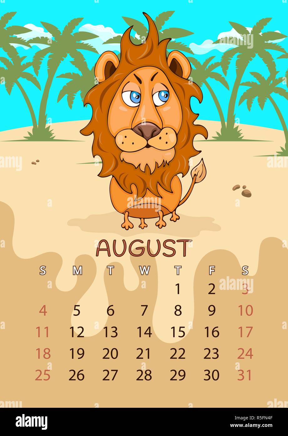 Kalender für 2019 mit Cartoon lustige Tiere, von Hand zeichnen, Vector