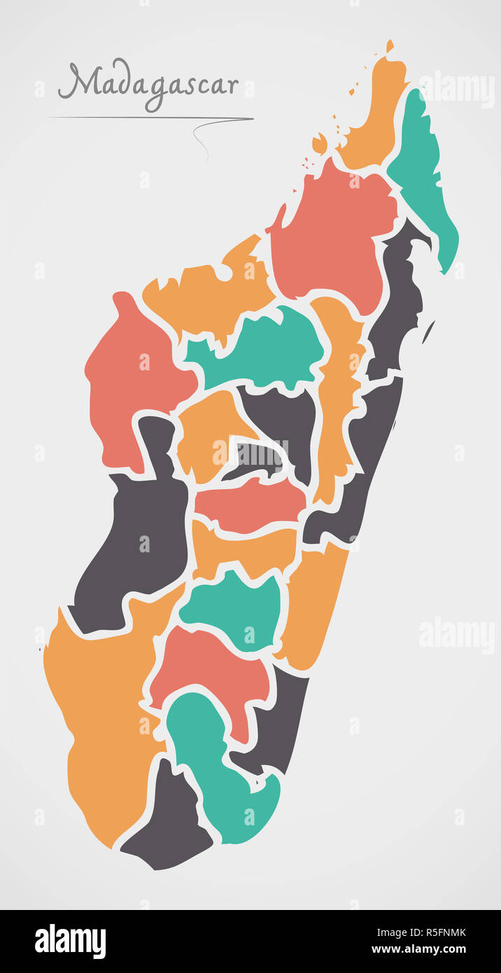 Madagaskar-Karte mit Staaten und moderne Runde Formen Stockfoto