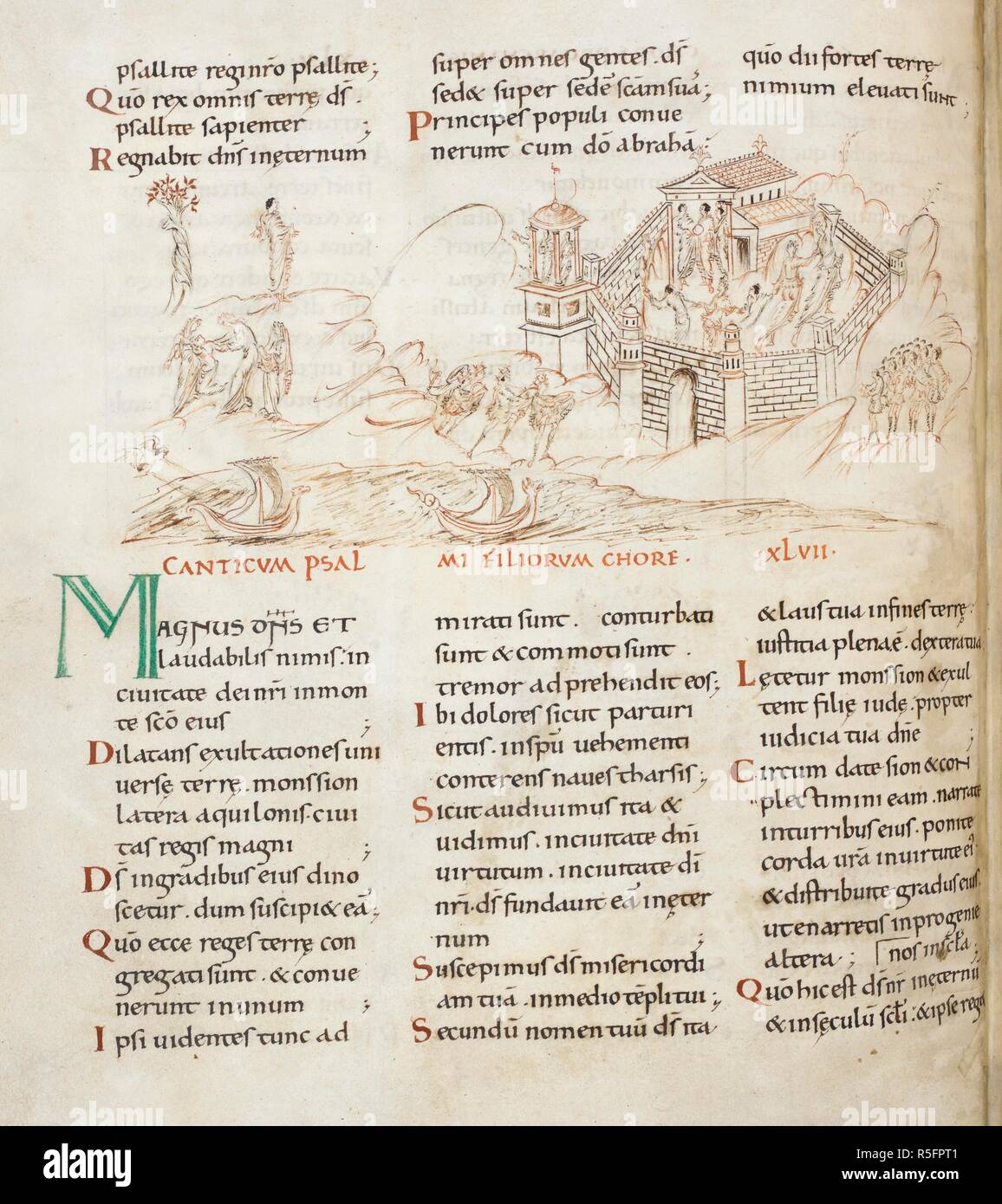 Psalm 47: Töchter Juda (?) Tanz in der Stadt Zion, während Könige bringen Geschenke, und eine Frau in Arbeit wird durch drei Frauen (unten links) teilnahm; Schiffe über das Meer durch den Wind geblasen. Psalter (die "Harley Psalter"). England (Canterbury). 1. Hälfte des 11. Jahrhunderts. Quelle: Harley603, w.27 v. Sprache: Latein. Stockfoto