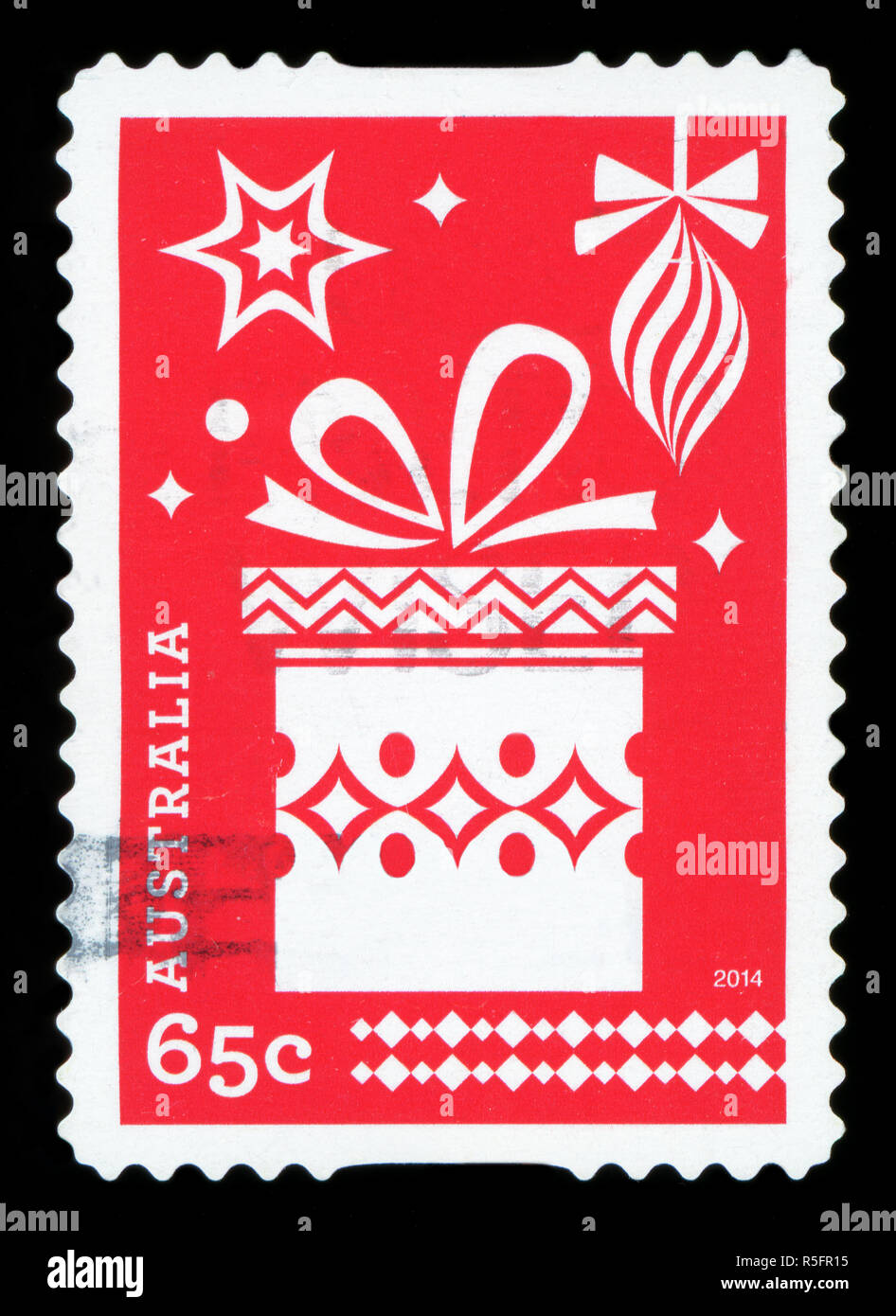 Australien - ca. 2014: einen gebrauchten Briefmarke aus Australien, die eine Darstellung der verpackt Weihnachten Geschenk, ca. 2014. Stockfoto