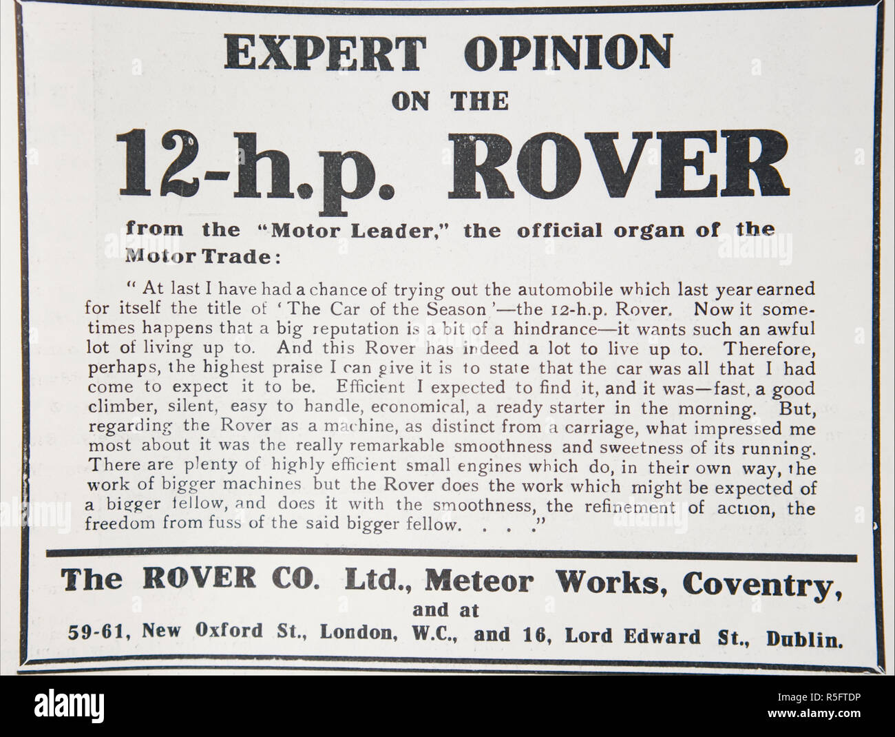 Eine Anzeige für Rover Autos. Aus einem alten britischen Zeitschrift aus dem Zeitraum 1914-1918. Stockfoto