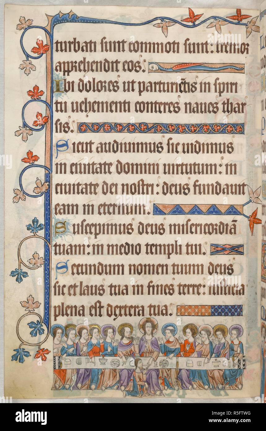 Psalm 47; das Letzte Abendmahl. Luttrell Psalter. England [East Anglia]; ca. 1325-1335. [Ganze folio] Psalm 47, mit Rand Dekoration. In der unteren Marge, das Letzte Abendmahl, mit Christus und die Apostel, die hinter einer langen trestle Tisch sitzt; Judas kniet vor der Tabelle, Erhalt der Schale von Christus Bild von Luttrell Psalter entnommen. Ursprünglich veröffentlicht in England [East Anglia] hergestellt; ca. 1325-1335. . Quelle: Hinzufügen. 42130, f. 90 v. Sprache: Latein. Stockfoto