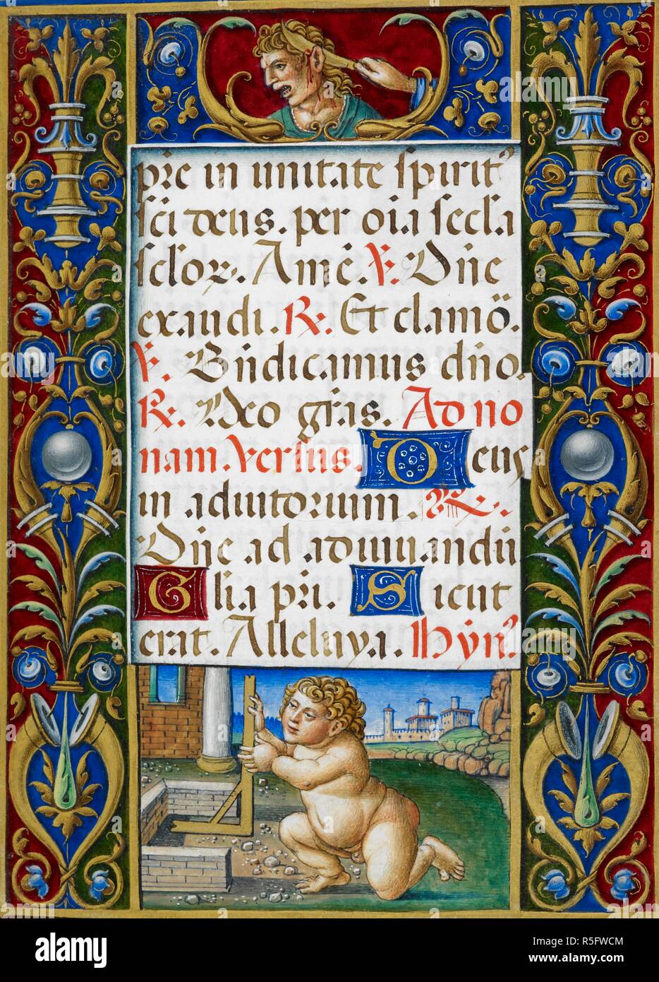 Text Seite von Stunden des Kreuzes mit verzierten Rand zeigt St. Jude dargestellt als ein putto. Sforza Stunden. Mailand, ca. 1490; Flämische Insertionen, 1517-1520. Quelle: Hinzufügen. 34294, f 21. Sprache: Latein. Autor: Birago, Giovan Pietro. Stockfoto