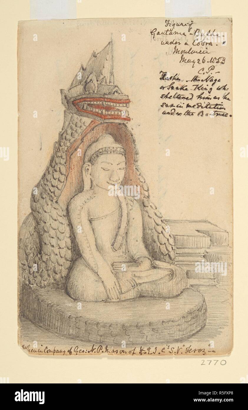 Skulptur von Buddha, Moulmein (Burma). 26. Mai 1853. Auf der Vorderseite mit Tinte bezeichnet: â € "Abbildung von Gautama-Budha unter einem Cobra. Moulmein. 26. Mai 1853. C.P. Raspa, der Naga oder Schlange König, der ihn geschützten, wie er in der Meditation unter der Bo Baum saß. Wenn Sie sich in Gesellschaft von Geo. V.P. Mason von H.E.I.'s C S.V. "Feroz â € ˜, auf der Rückseite mit Tinte: â € "Abbildung von Gautama-Budha, sitzen unter Cobra, 26. Mai 1853. C. in der Pfarrei. Moulmain. In Unternehmen mit George V.P. Mason von S.E. LC.S.V. "Verwandtschaft" - dann liegen sie Martaban. â € ™. Skulptur von Buddha, Moulmein (Burma). 26. Mai 1853. 1853. Bleistift und Buntstift; 7,25 von 4,75 ins. Quelle Stockfoto