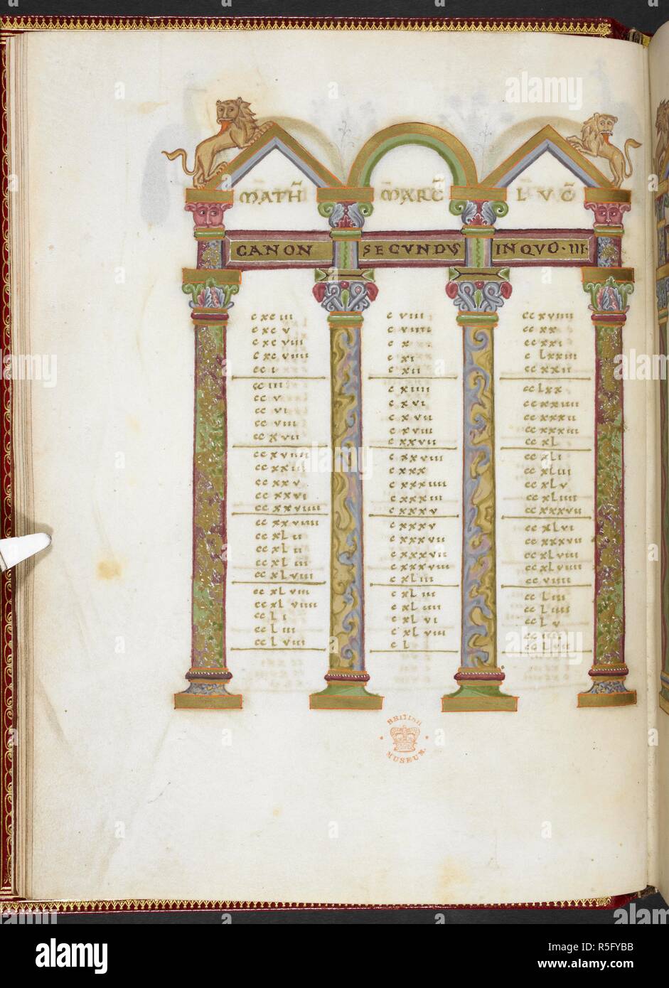 Canon Tabellen in Farben und Gold. Canon Tabelle mit Spalten durch foliate Hauptstädte überwunden, und grassierende Löwen über den Giebel. Evangelien. 3. Quartal des 11. Jahrhunderts. Script: Caroline Minuskel. ff.26r-197 v Geschrieben von Ruotpertus ein Schreiber aktiv an das Kloster des Hl. Willibrord, Echternach, in die Zeit des Abtes Regimbert, zwischen 1051 und 1081. Abmessungen: 255 x 185 mm (Text Raum: 175 x 155 mm). . Quelle: Harley 2821, f, 10 v. Stockfoto