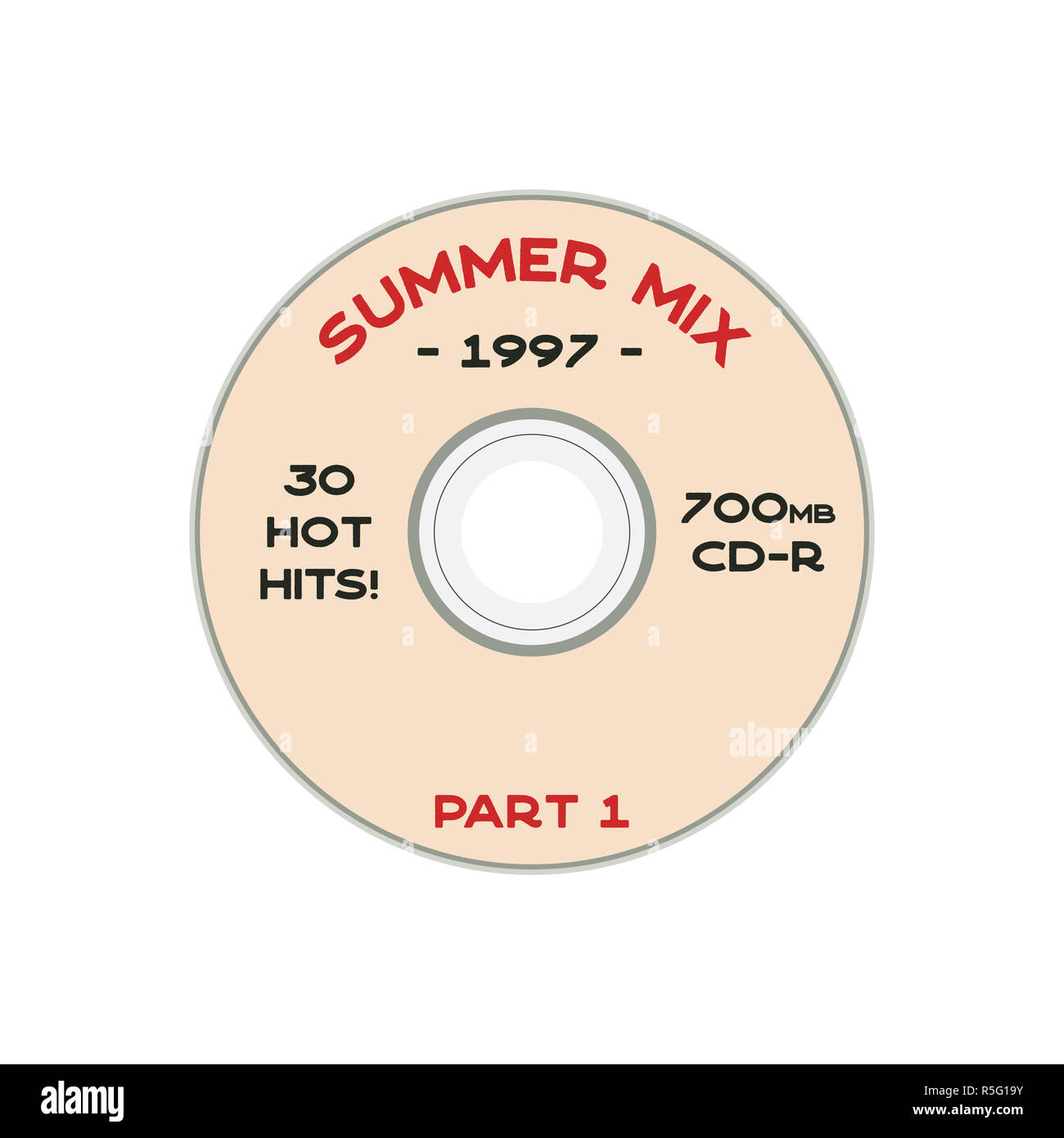 Music Concept T-Shirt Design. Old School DJ T-Stück mit CD und Zeichen - Summer Mix 1997. 90 s lustig Abzeichen. Stock drucken Emblem auf weißem Hintergrund Stockfoto