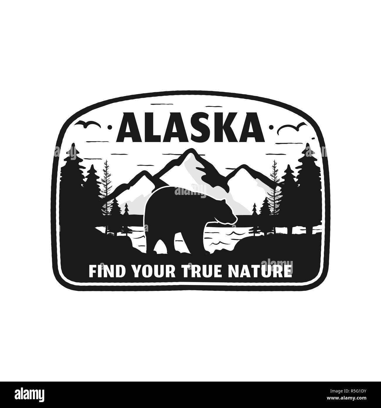 Alaska Abzeichen Design. Mountain Adventure Patch. American Travel Logo. Cute retro Style. Finden Sie Ihre wahre Natur individuelles Angebot. Sie wandern durch den Wald. Lieferbar silhouette Emblem Stockfoto