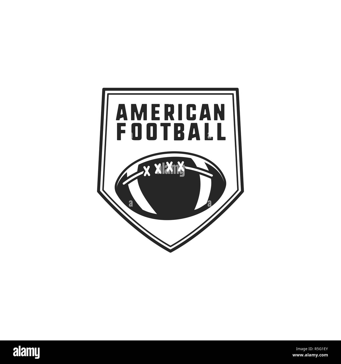 American Football logo Emblem. USA Sportabzeichen in silhouette Stil. Schwarzweiß Logo Design mit Ball. Lieferbar Insignia auf weißem Hintergrund Stockfoto
