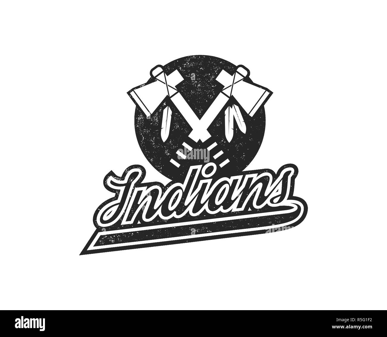 American Football logo Emblem. USA Sportabzeichen in silhouette Stil. Schwarzweiß Logo Design mit Tomahawk und Inder unterzeichnen. Lieferbar Insignia auf weißem Hintergrund Stockfoto