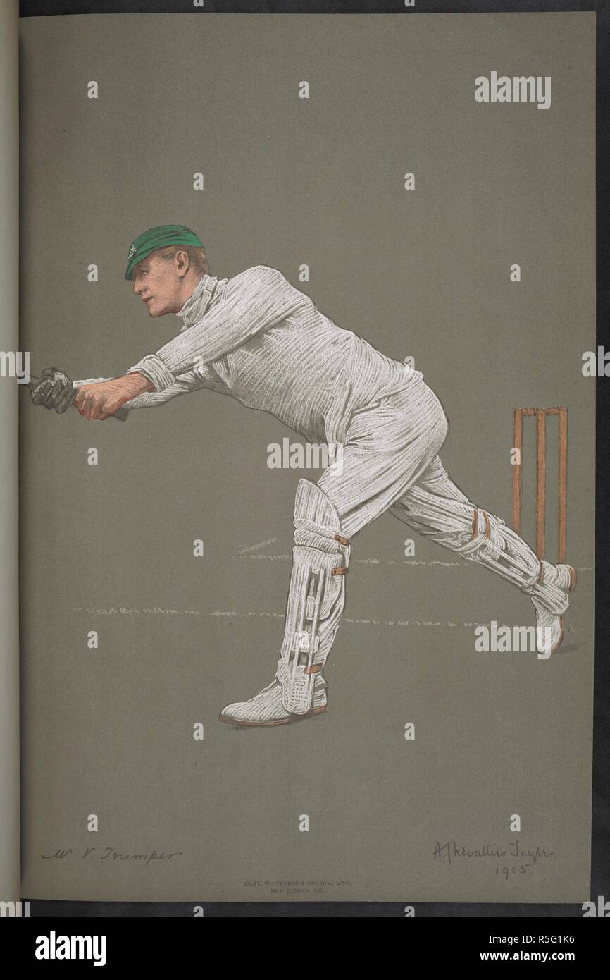 Herr V. Trumper, Australien. Victor Thomas Trumper (1877-1915) war ein Australischer cricketer, bekannt als die stilvolle und vielseitige Batsman des Goldenen Zeitalters des Krickets. Der Empire Cricketers. Von Originalzeichnungen von A. Chevallier Tayler. Mit biographischen Skizzen von G. W. Beldam. Saison 1905 [48 Platten mit beschreibenden Text.]. [London]: Die Kunst, Gesellschaft, Ltd 148 New Bond Street, W., [1905]. Quelle: C 194 C 87, Platte 31. Sprache: Englisch. Stockfoto