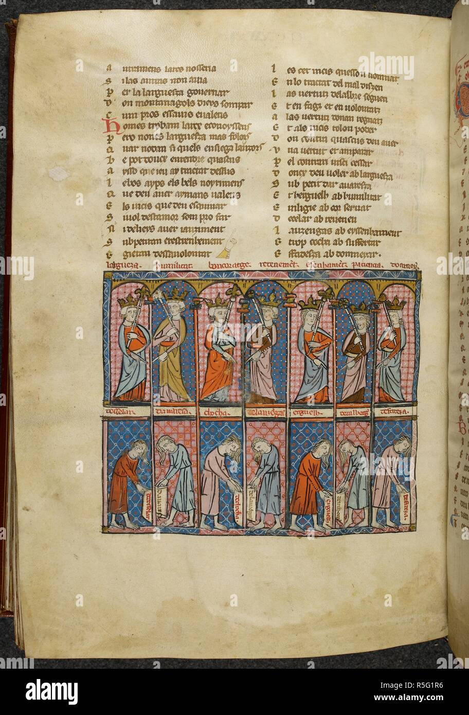 Sieben Tugenden (gekrönt, mit dem Zepter) und unten, sieben Laster. Gedichte, &c. Frankreich, Anfang des 14. Jahrhunderts. Quelle: Royal 19C I, f. 245 v. Autor: Ermengau, Manfred. Stockfoto