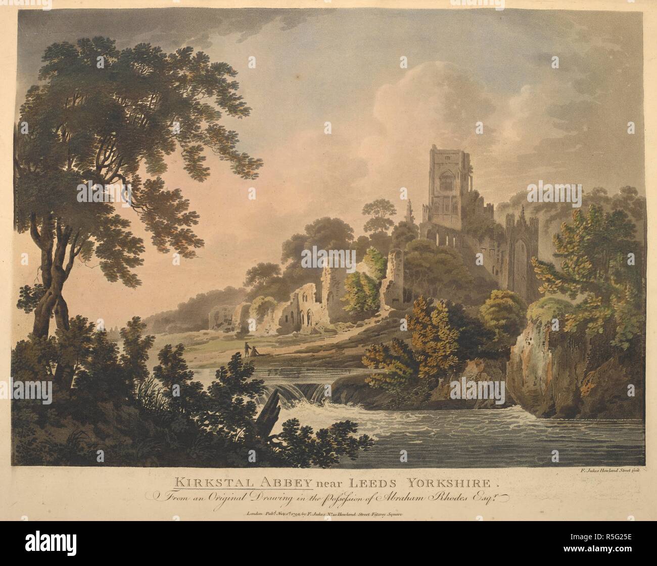 Kirkstal Abtei in der Nähe von Leeds Yorkshire'. Zwei Zahlen, die durch die Ruinen von Kirkstall Abbey in Yorkshire; ein Fluss vor; Bäume in der gesamten Szene. London: Pubd Nov 1 1798 von F. Jukes Nr. 10 Howland Street Fitzroy Square., [01.11.1798]. Quelle: Karten K. Top. 45.53. d. Sprache: Englisch. Stockfoto