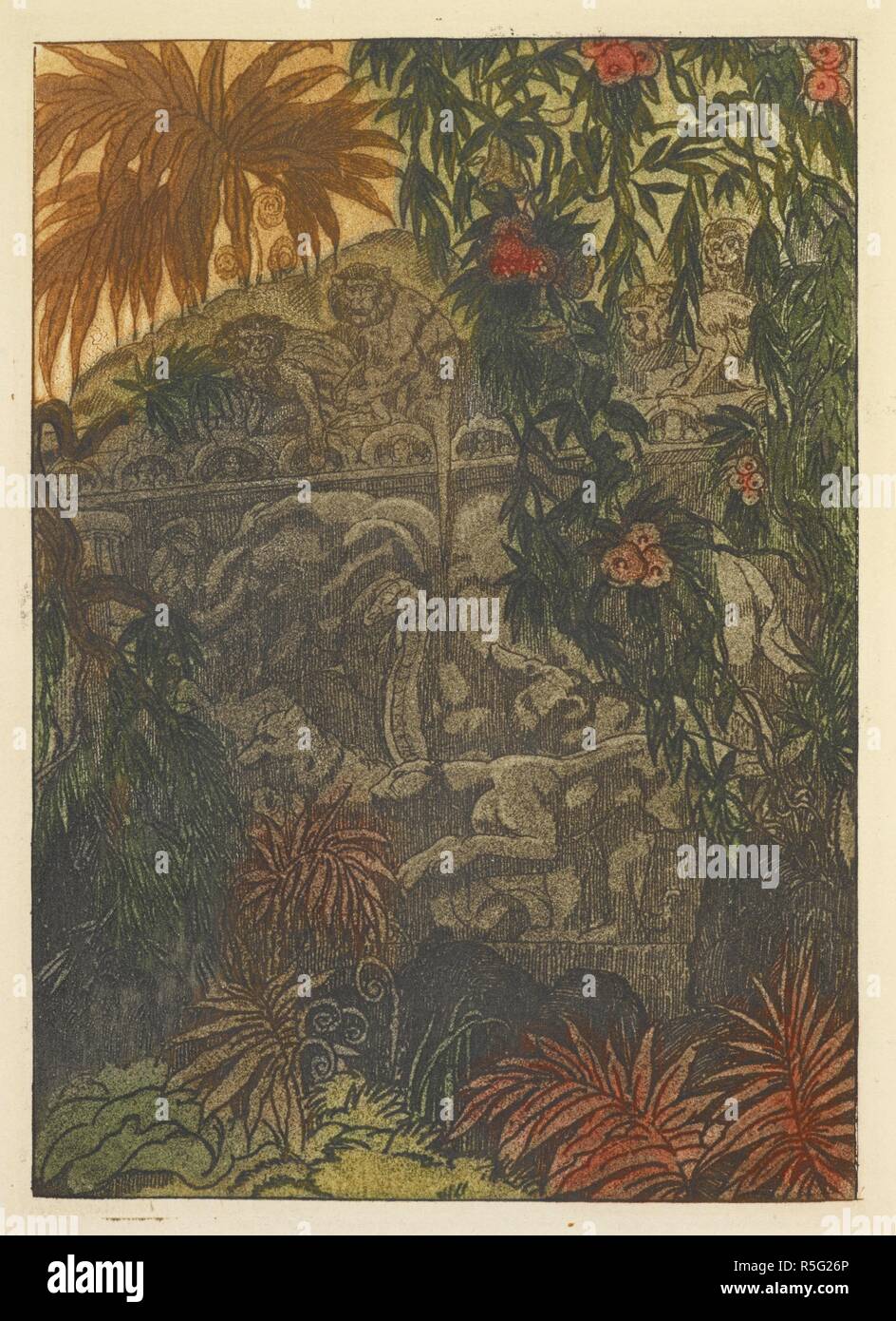 Affen beobachten die Python, Kaa und der Panther Bagheera. Zweiten Le Livre de la Jungle. Traduction de Louis Fabulet et Robert d'HumieÌ € res. Paris, [1899]. Quelle: Datei 617 Frontispiz. Autor: Kipling, Rudyard. Stockfoto