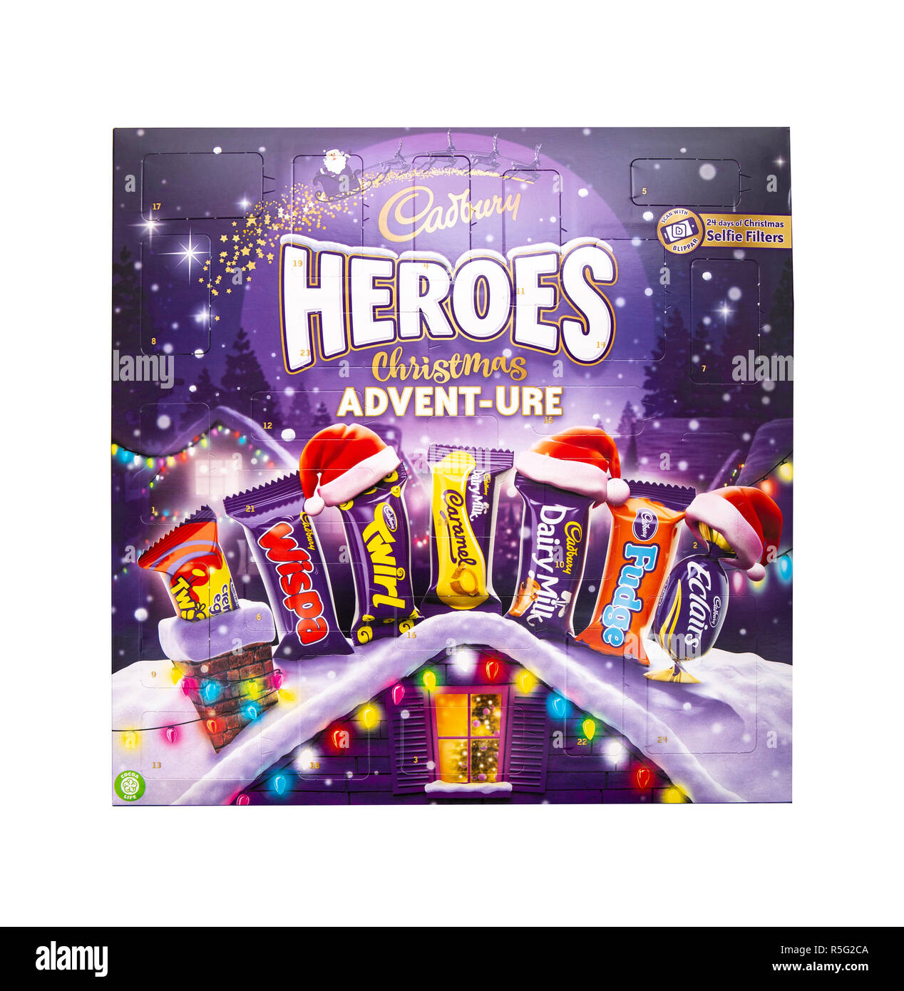 SWINDON, UK - Dezember 1, 2018: Cadburys Helden Weihnachten Advent-ure Adventskalender auf einem weißen Hintergrund. Stockfoto