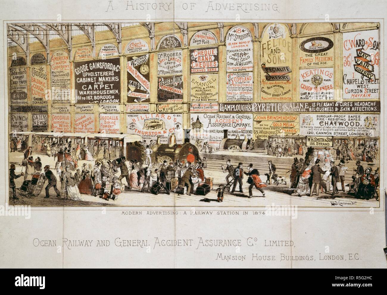Ein Bahnhof im Jahre 1874. Eine Geschichte der Werbung. London, 1874. Moderne Werbung: ein Bahnhof im Jahre 1874. Ozean Eisenbahn- und Allgemeine Unfall Asurance Co. Limited. Bild aus einer Geschichte der Werbung übernommen. Ursprünglich veröffentlicht in London, 1874 produziert. . Quelle: 2350. a. 9, frontispiz. Stockfoto