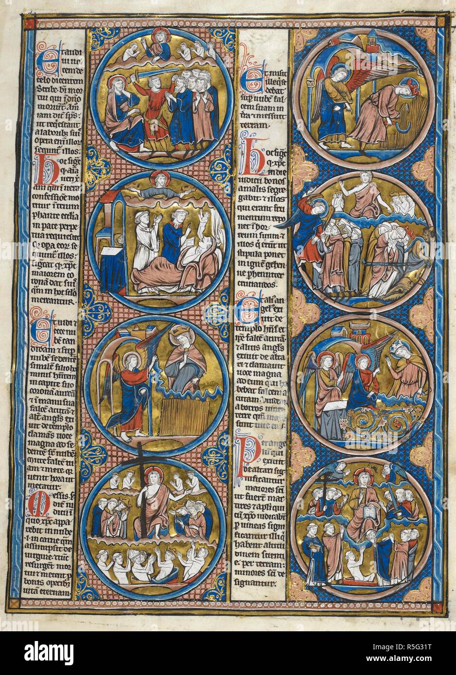 Szenen aus dem Buch der Offenbarung, Kapitel 14, Verse 13-18, und ihre Interpretation: Anweisungen vom Himmel für die Schriftsteller, die Ernte der Erde. Bibel MoralisÃ©e. Frankreich, Ende des 13. Jahrhunderts. Quelle: Harley 1527, w.139. Sprache: Latein. Stockfoto