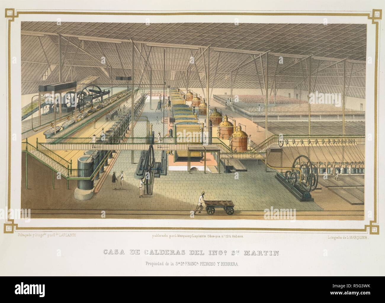 Casa de Calderas. Los Ingenios. Coleccion De Vistas de los. Havanna, 1857. Casa de Calderas del Ingenio San MartÃ-n. Propiedad de la SeÃ±ora DoÃ±a Franca Pedroso y Herrera. Innenraum eines kochendes Haus. Bild von Los Ingenios genommen. Coleccion De Vistas de los principales ingenios de Azucar de la Isla de Cuba. Edicion de Lujo. El texto redactado por J. G. Cantero Las lÃ¡Minas dibujadas del Natürliche y litografiadas por Eduardo Laplante, usw. (Habana, 1857.) Ursprünglich veröffentlicht in Havanna, 1857 produziert. . Quelle: 1780. C.14,. Sprache: Spanisch. Stockfoto