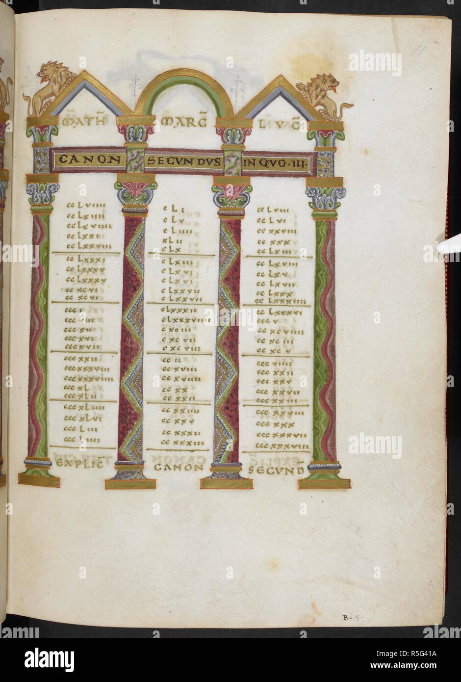 Canon Tabellen in Farben und Gold. Canon Tabelle mit Spalten durch foliate Hauptstädte überwunden, und grassierende Löwen über den Giebel. Evangelien. 3. Quartal des 11. Jahrhunderts. Script: Caroline Minuskel. ff.26r-197 v Geschrieben von Ruotpertus ein Schreiber aktiv an das Kloster des Hl. Willibrord, Echternach, in die Zeit des Abtes Regimbert, zwischen 1051 und 1081. Abmessungen: 255 x 185 mm (Text Raum: 175 x 155 mm). . Quelle: Harley 2821, f, 11. Stockfoto