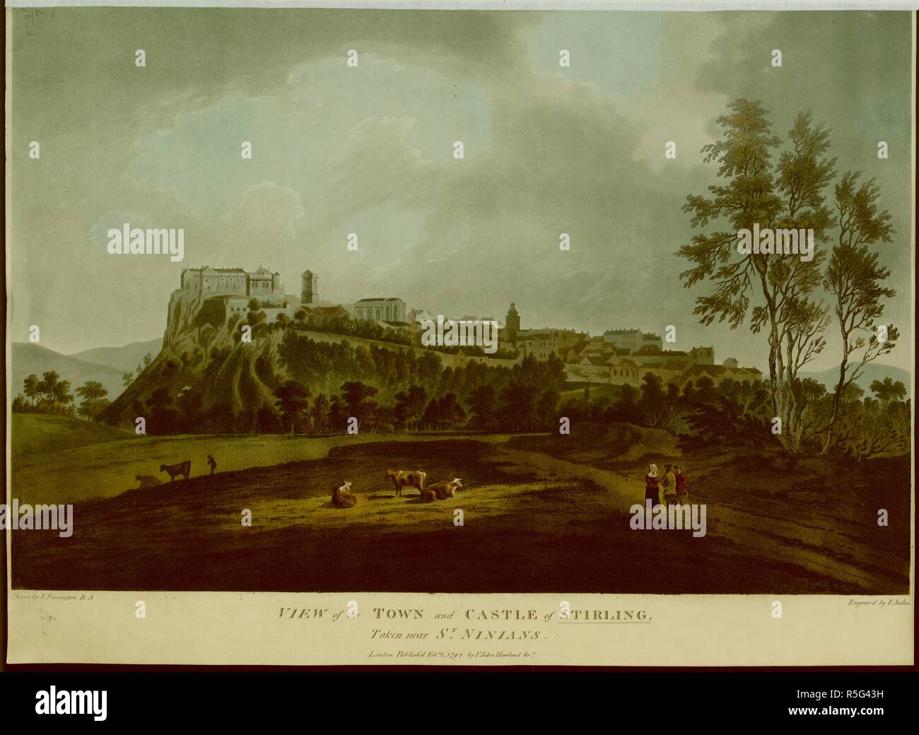 Vieh und Zahlen in einem Feld im Vordergrund; die Stadt Stirling und das Schloss auf einem Hügel in der Mitte; Bäume in der gesamten Szene. Blick auf die Stadt und die Burg Stirling: in der Nähe von St NINIANS genommen. London: Veröffentlichen "febry 1 1792 durch F. Jukes Howland Strt., [1 Februar 1792]. Quelle: Karten K. Top. 50.96. d. Sprache: Englisch. Stockfoto