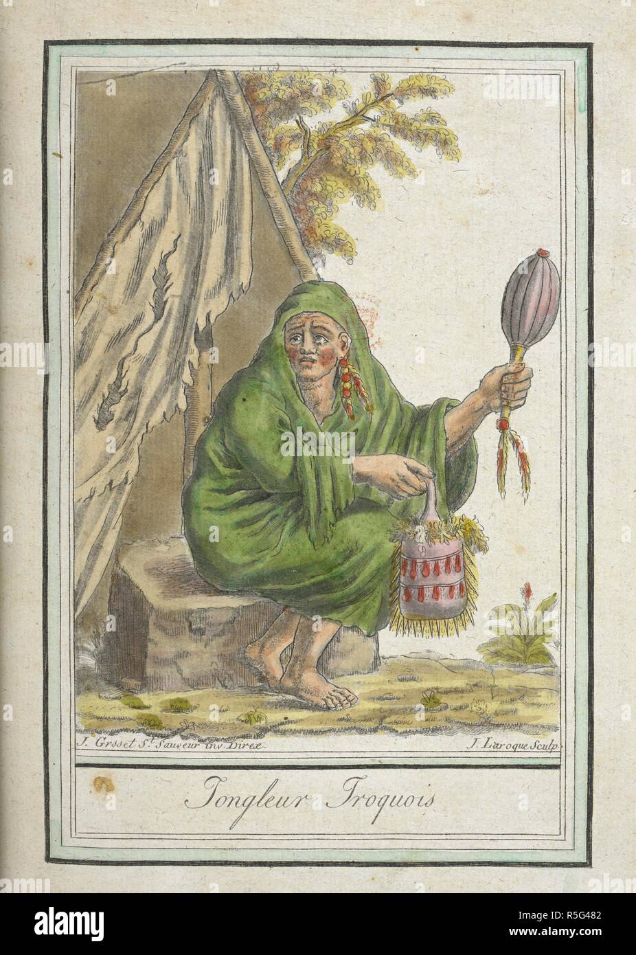 Jongleur Irokesen. Ein Irokesen Jongleur. EncyclopeÌdie des Voyages, Contenant l'abreÌgeÌ Historique de mÅ" Urs ...de tous les peuples et la collection complette de leurs habillemens civils, Militaires, dignitaires religieux et, d'dessineÌs apreÌ € s Natur,... et colorieÌs aÌ € l'Aquarelle. Paris, 1796. Quelle: 1259) b) 13-17, Tom. 5 Platte 32. Sprache: Französisch. Autor: GRASSET DE SAINT-SAUVEUR, Jacques. Stockfoto