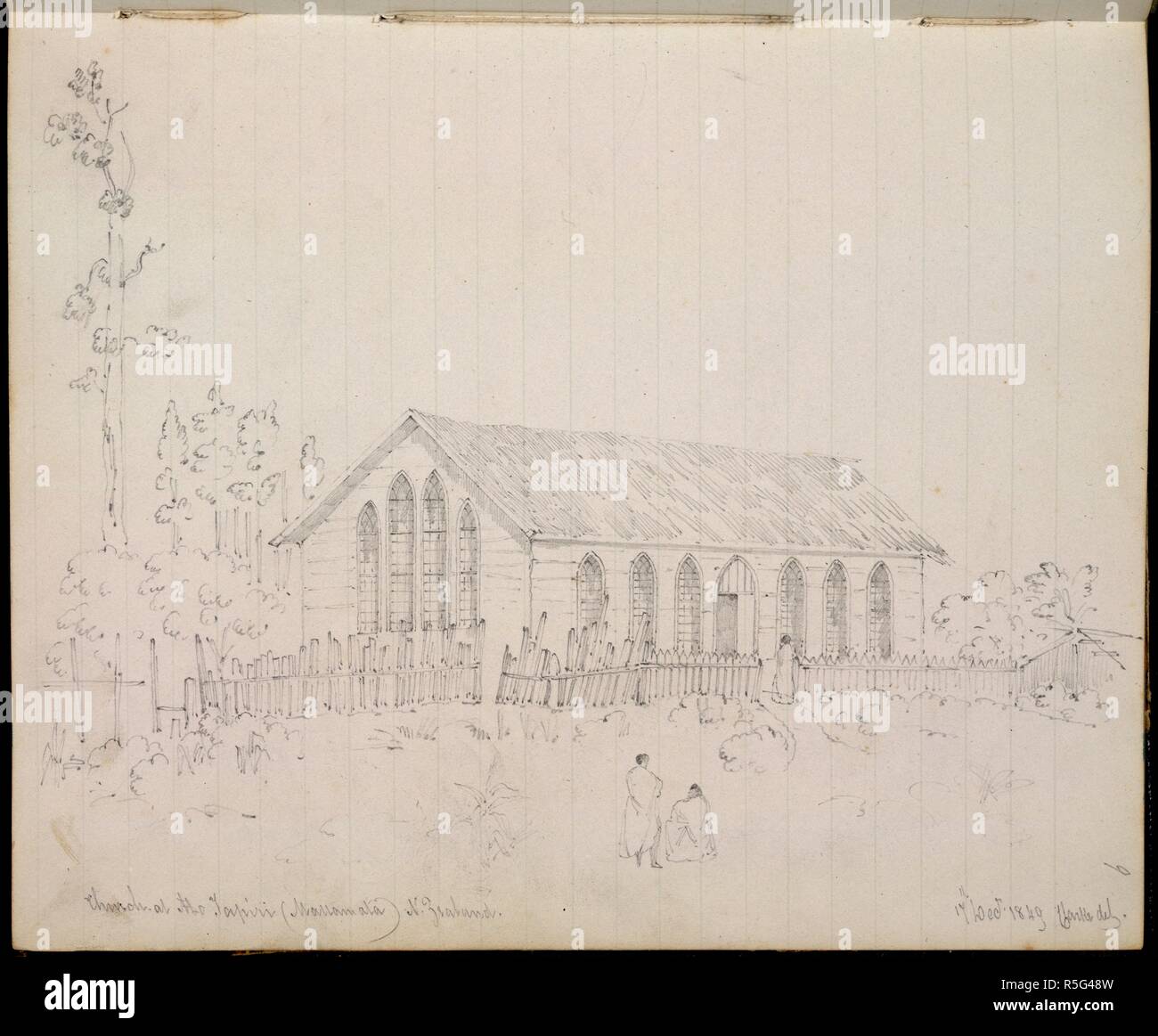 Kirche am Tapiri. Zeichnungen und Skizzen in Neuseeland. Neuseeland; 1849. [Ganzen] Blick auf die Kirche am Tapiri, Mauamata. 17. Dezember 1849 Bild von Zeichnungen und Skizzen in Neuseeland übernommen. Ursprünglich veröffentlicht in Neuseeland produziert; 1849. . Quelle: Hinzufügen. 19955, f 9. Sprache: Englisch. Autor: Clarke, Cuthbert C. Stockfoto