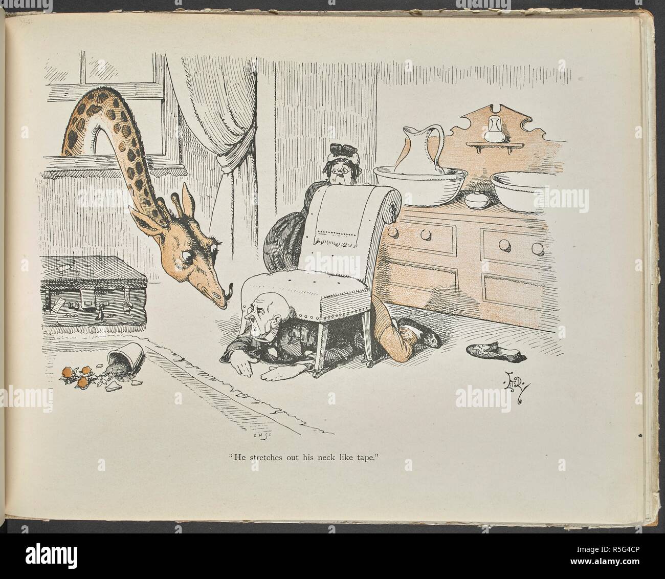 "Er stetches seinen Hals wie Band." Eine Giraffe seinen Kopf durch ein Fenster. Tails mit einem Twist. Die Verse von â € oeBelgian Hase.â € Die Bilder von E.T. Reed. London: Edwin Arnold, [1898]. Siehe digitale Datei 1876 a 30 p52 für begleitende Gedicht. Quelle: 1876. a. 30 Seite 53. Autor: EDWARD TENNYSON REED. Douglas, Alfred Bruce, Herr. Stockfoto