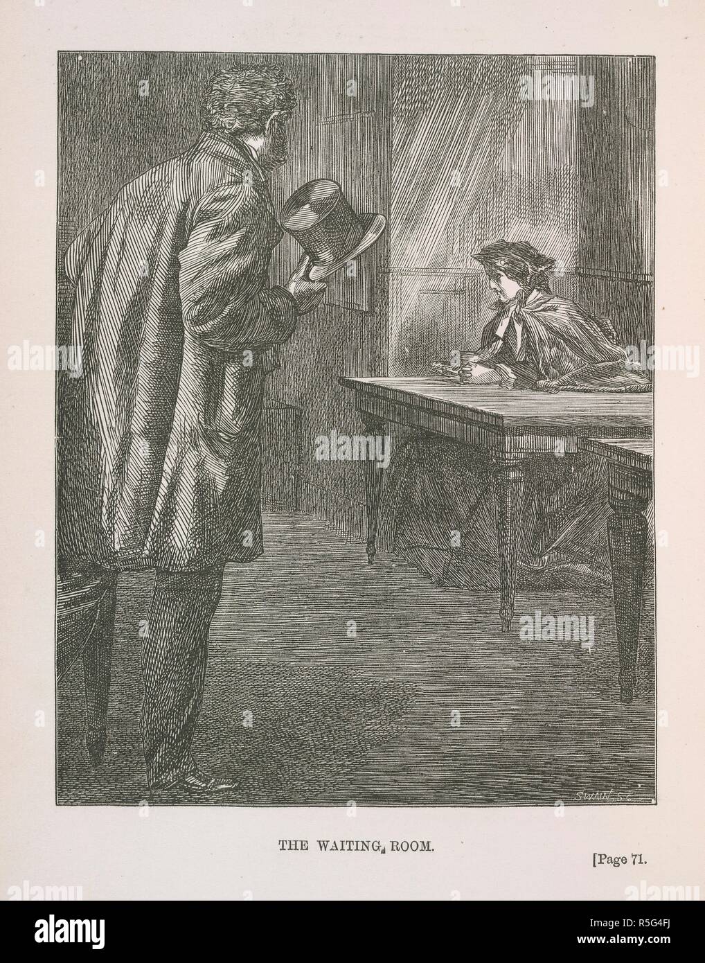 Ein Mann und eine Frau in einem Warteraum. Die Cambridge Grisette... Illustriert von C. Keene. Tinsley Bros.: London, 1862. Quelle: 12631.aa.29, gegenüberliegenden Seite 71. Sprache: Englisch. Stockfoto