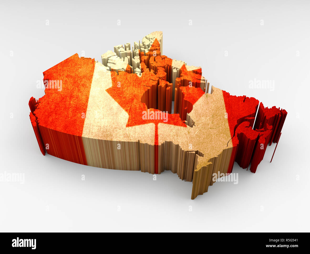 3D-Textur Kanada Karte mit der kanadischen Flagge auf weißem Hintergrund Stockfoto