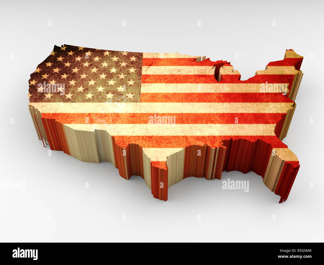 3D-Textur USA-Karte mit einer amerikanischen Flagge auf weißem Hintergrund Stockfoto